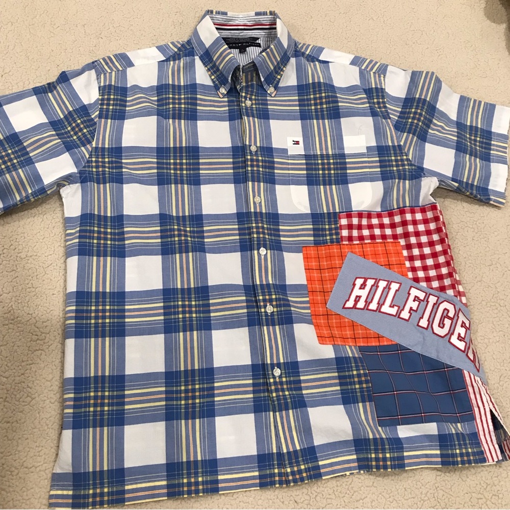 TOMMY HILFIGER Mens Patchwork Plaid Button Up Shirt size L